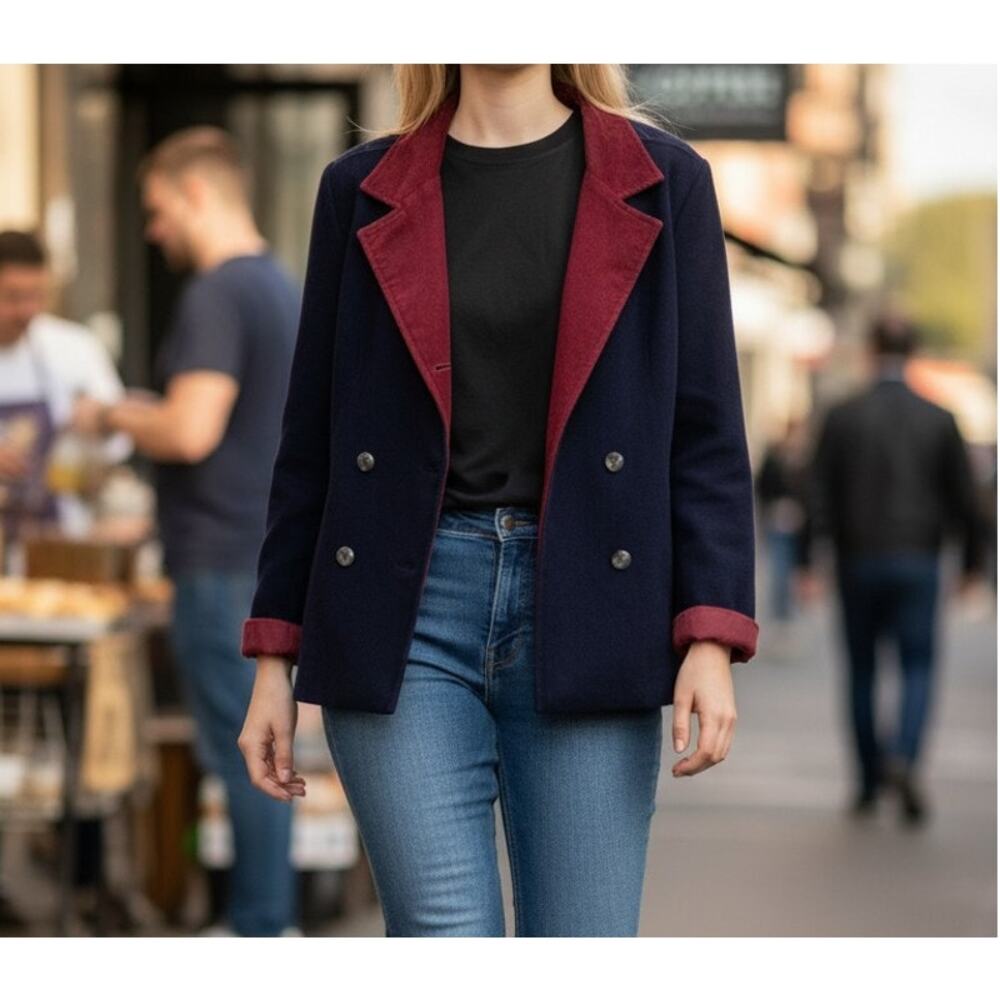 Mackintosh Navy-Blue Wool Pea Coat Woman's Size 6 Double Breasted Made in USA
